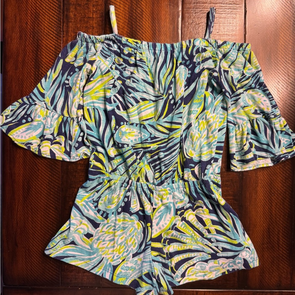 Lilly Pulitzer Blue and Green Floral Print Girls Romper